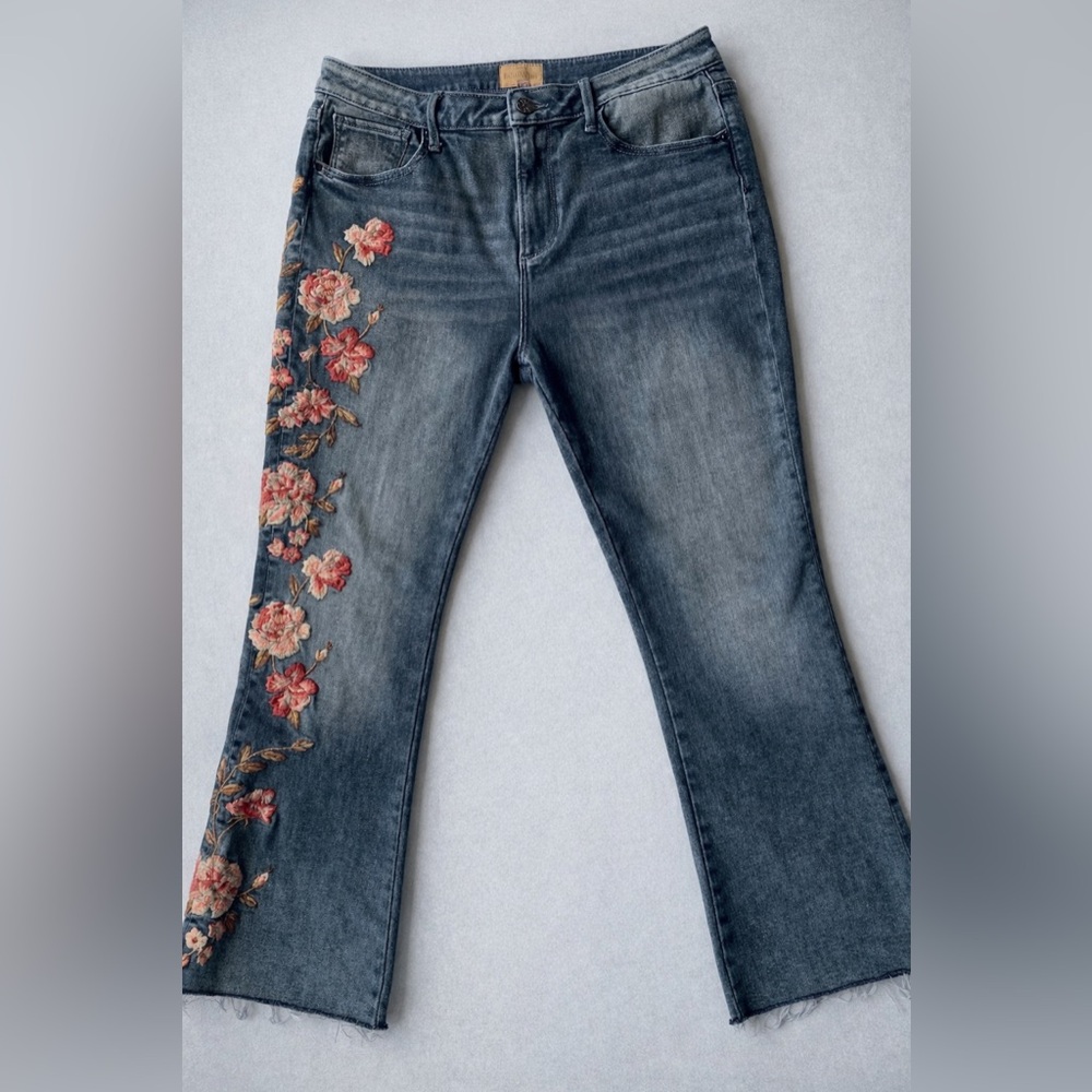 DRIFTWOOD Roxy Light Charcoal Gray Flare Jeans with Beautiful Floral Embroidery
